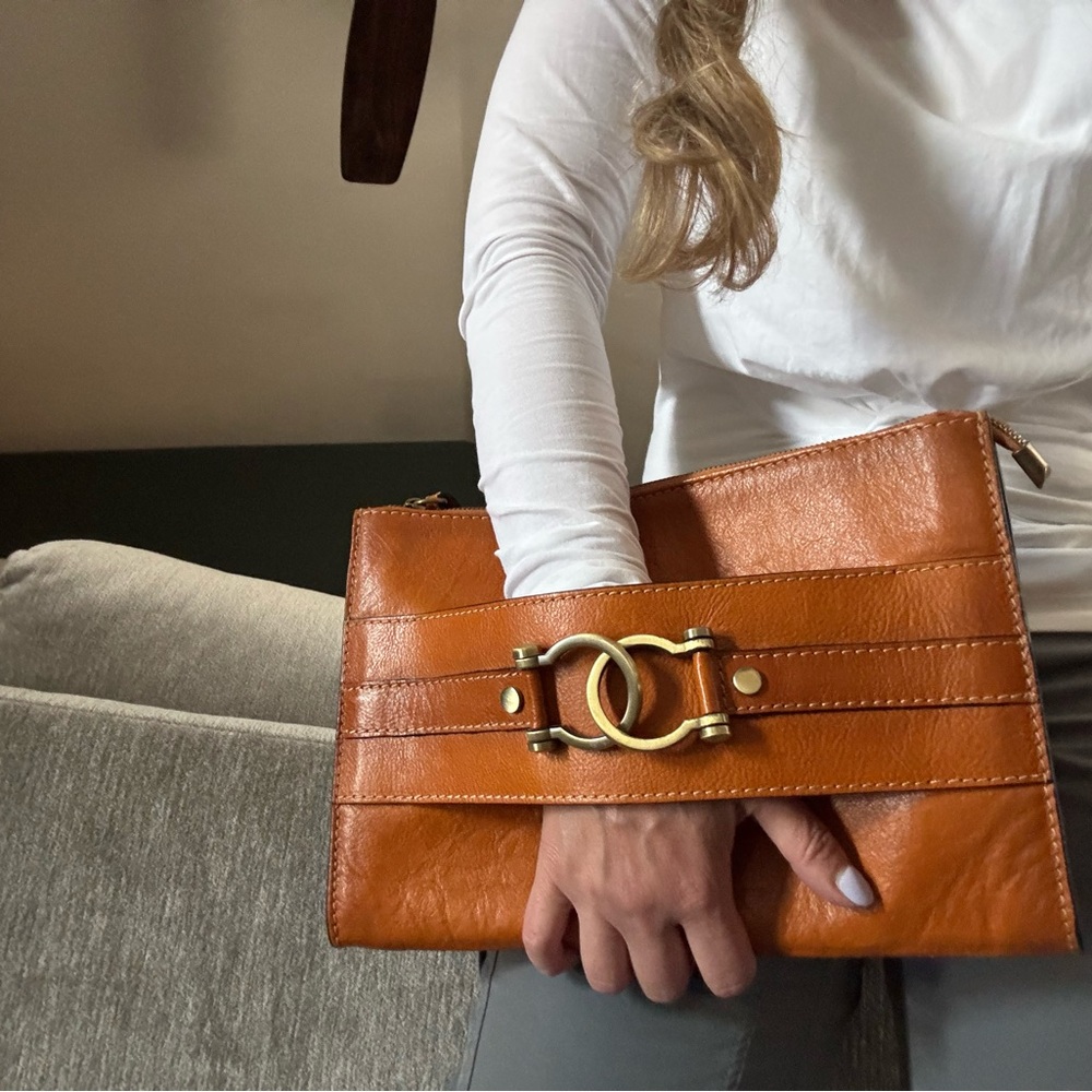 Tan Leather Clutch with Gold Hardware